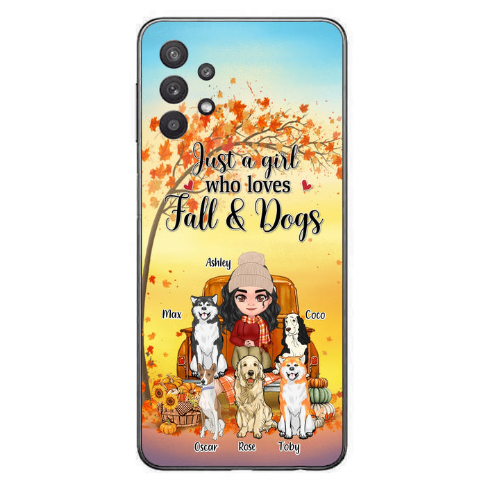 Custom Personalized Dog Mom Fall Season Phone Case - Autumn Gift Idea For Dog Owners - Upto 5 Dogs -  Case For iPhone/Samsung - Just A Girl Who Loves Fall & Dogs