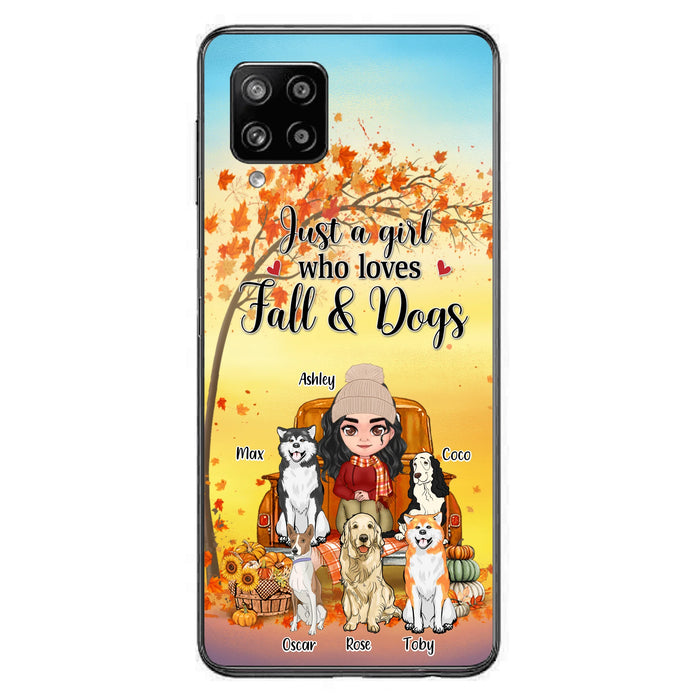 Custom Personalized Dog Mom Fall Season Phone Case - Autumn Gift Idea For Dog Owners - Upto 5 Dogs -  Case For iPhone/Samsung - Just A Girl Who Loves Fall & Dogs