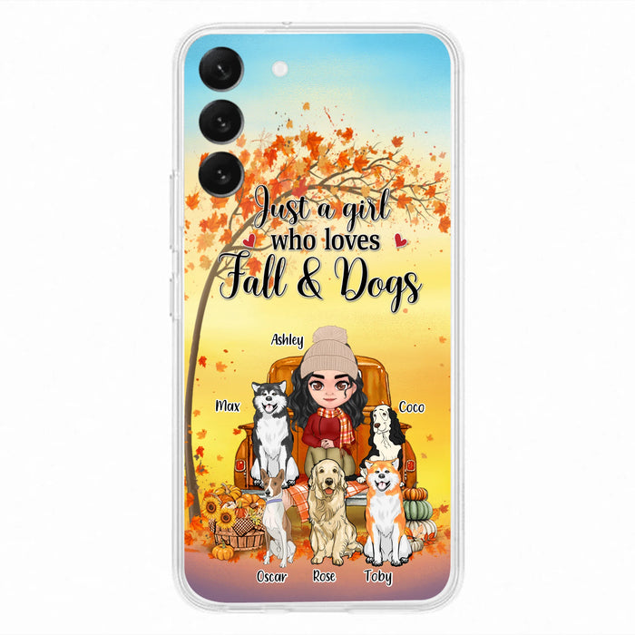 Custom Personalized Dog Mom Fall Season Phone Case - Autumn Gift Idea For Dog Owners - Upto 5 Dogs -  Case For iPhone/Samsung - Just A Girl Who Loves Fall & Dogs
