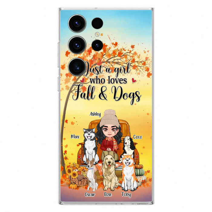 Custom Personalized Dog Mom Fall Season Phone Case - Autumn Gift Idea For Dog Owners - Upto 5 Dogs -  Case For iPhone/Samsung - Just A Girl Who Loves Fall & Dogs