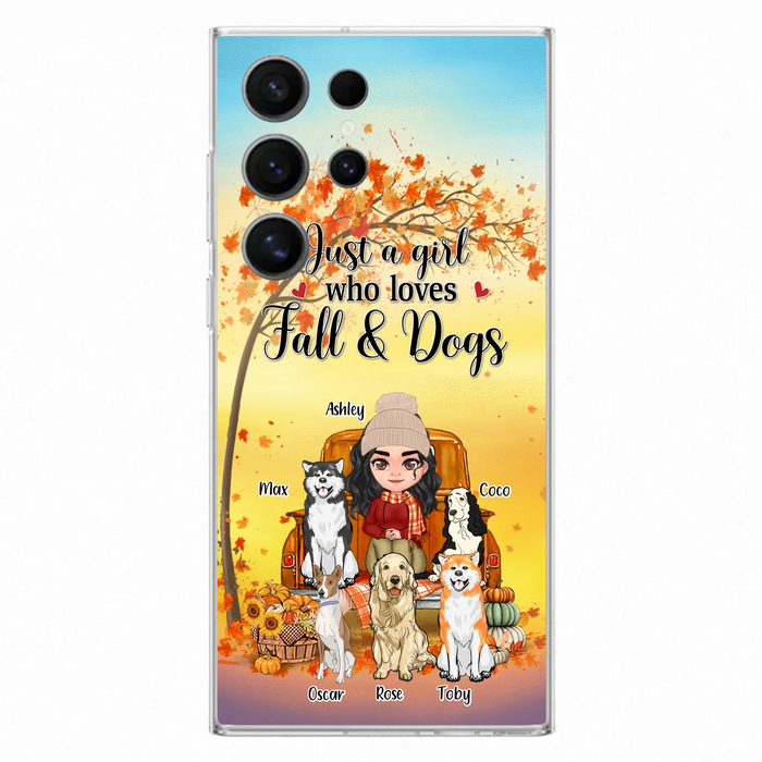 Custom Personalized Dog Mom Fall Season Phone Case - Autumn Gift Idea For Dog Owners - Upto 5 Dogs -  Case For iPhone/Samsung - Just A Girl Who Loves Fall & Dogs