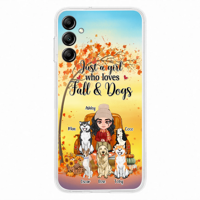 Custom Personalized Dog Mom Fall Season Phone Case - Autumn Gift Idea For Dog Owners - Upto 5 Dogs -  Case For iPhone/Samsung - Just A Girl Who Loves Fall & Dogs