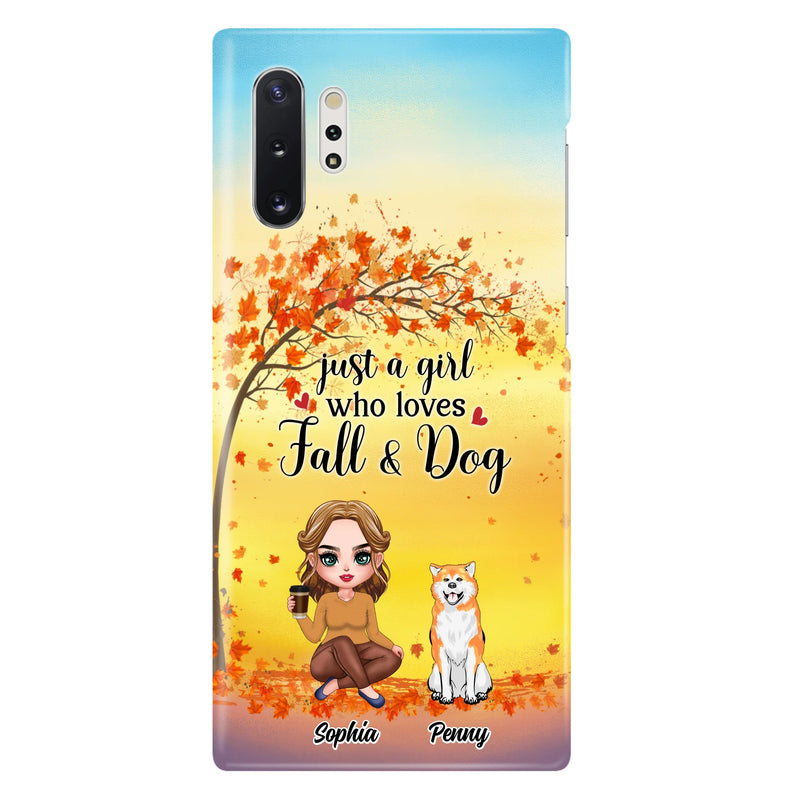 Custom Personalized Dog Mom Phone Case - Gift Idea For Dog Lovers/ Autumn Gift - Upto 4 Dogs - Just A Girl Who Loves Fall & Dogs - Case For iPhone/Samsung