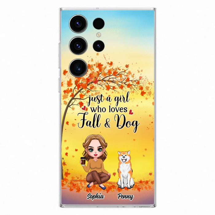 Custom Personalized Dog Mom Phone Case - Gift Idea For Dog Lovers/ Autumn Gift - Upto 4 Dogs - Just A Girl Who Loves Fall & Dogs - Case For iPhone/Samsung