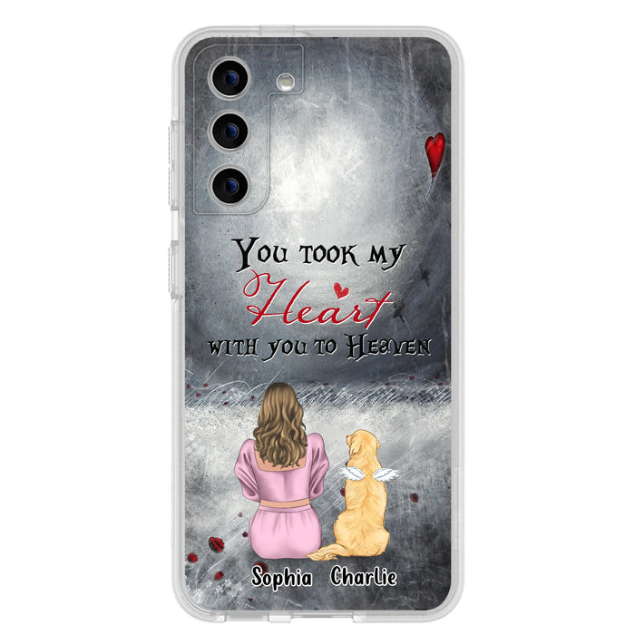 Custom Personalized Memorial Dog Mom Phone Case - Upto 5 Dogs - Memorial Gift Idea for Dog Lovers - You Took My Heart With You To Heaven - Case For iPhone And Samsung