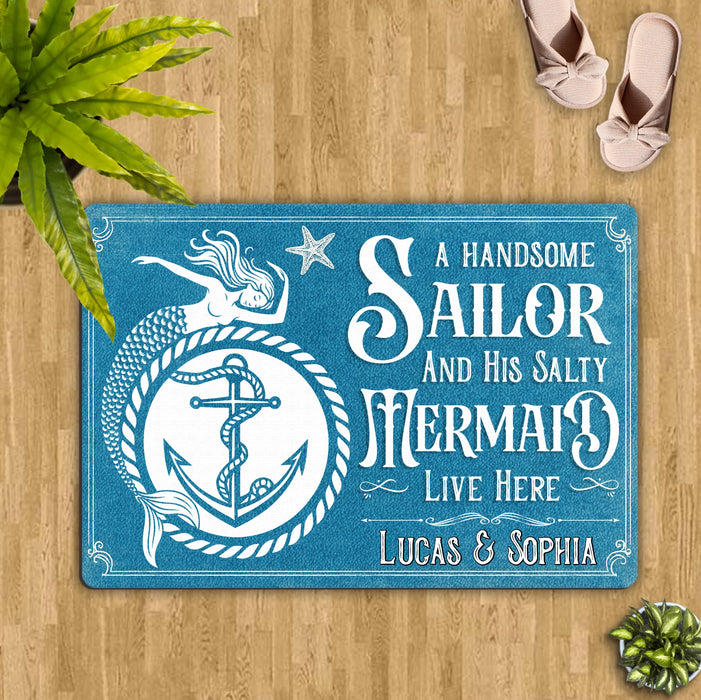Personalized Mermaid & Sailor Doormat - Gift Idea For Couple - A Handsome Sailor And His Salty Mermaid Live Here