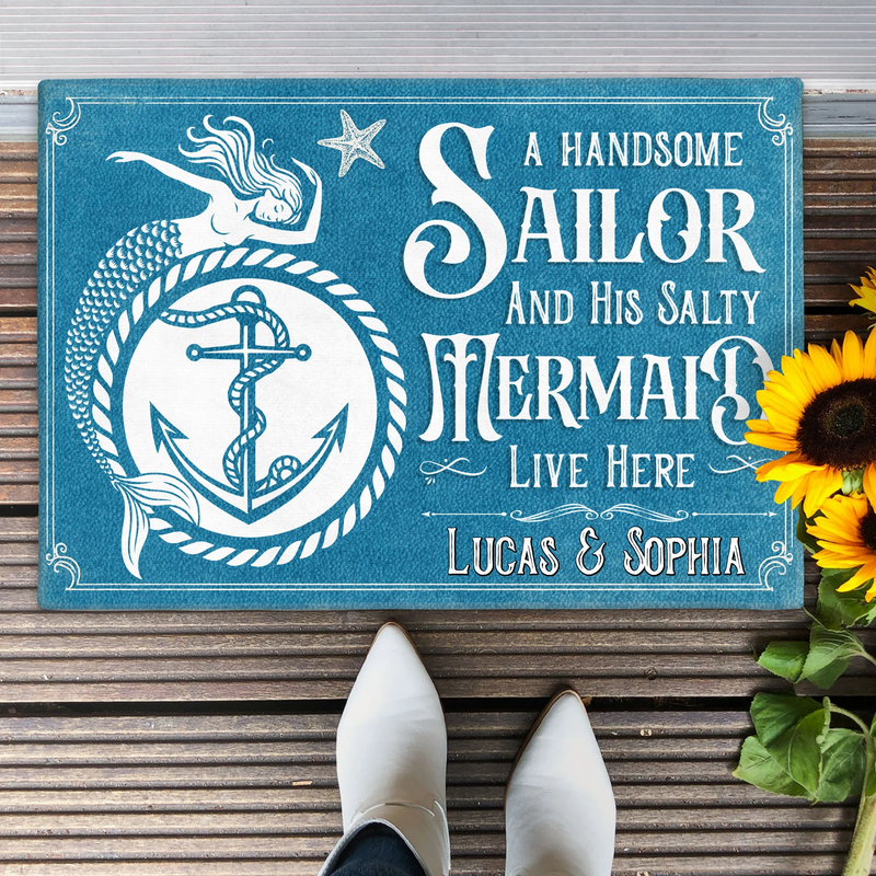 Custom Personalized Mermaid & Sailor Doormat - Gift Idea For Couple - A Handsome Sailor And His Salty Mermaid Live Here