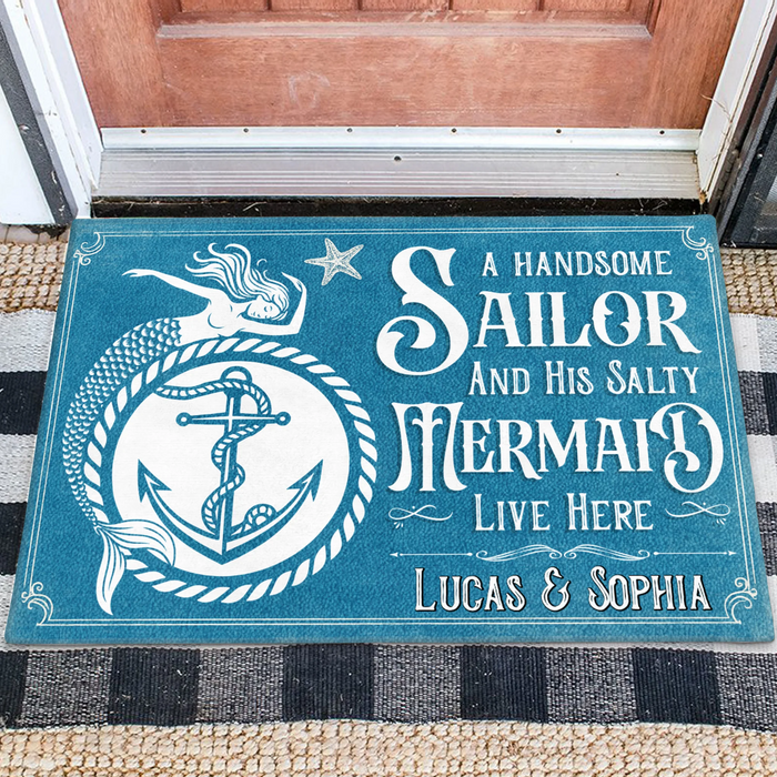 Personalized Mermaid & Sailor Doormat - Gift Idea For Couple - A Handsome Sailor And His Salty Mermaid Live Here