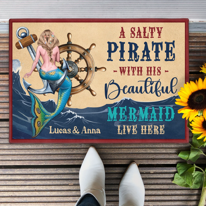 Personalized Mermaid Doormat - Summer Gift Idea - A Salty Pirate And His Beautiful Mermaid Live Here