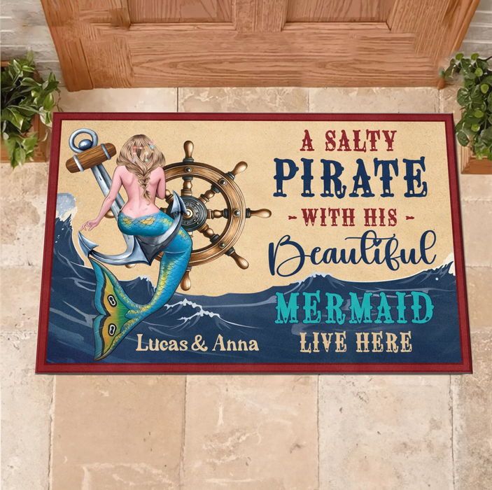 Personalized Mermaid Doormat - Summer Gift Idea - A Salty Pirate And His Beautiful Mermaid Live Here
