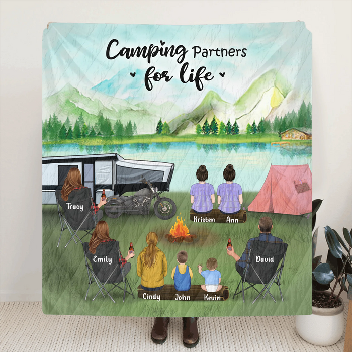 Personalized Camping Blanket - Gift For The Whole Family, Camping Lovers - 3 Adults with 5 Kids - Camping Partners For Life