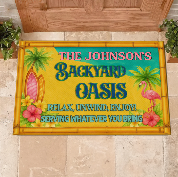 Personalized Backyard Oasis Doormat -  Tropical Welcome Mat - Relax Unwind Enjoy