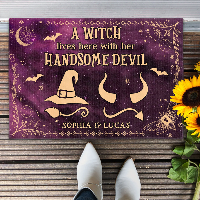Personalized Witch & Devil Doormat - Gift Idea For Couple - A Witch Lives Here With Her Handsome Devil