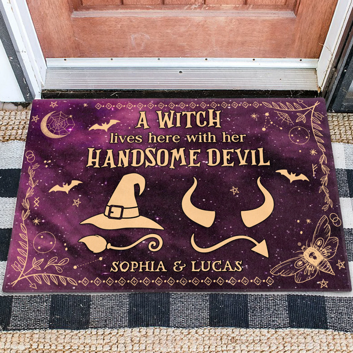 Personalized Witch & Devil Doormat - Gift Idea For Couple - A Witch Lives Here With Her Handsome Devil