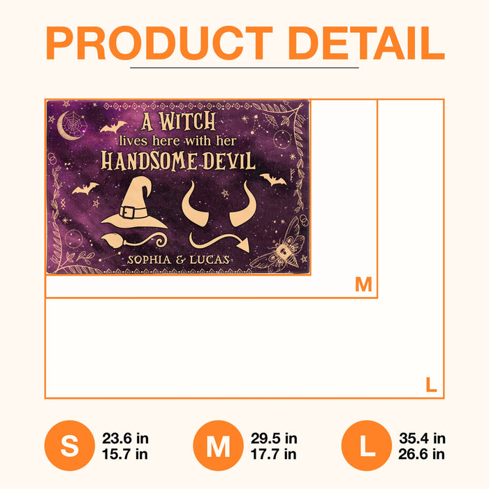 Personalized Witch & Devil Doormat - Gift Idea For Couple - A Witch Lives Here With Her Handsome Devil