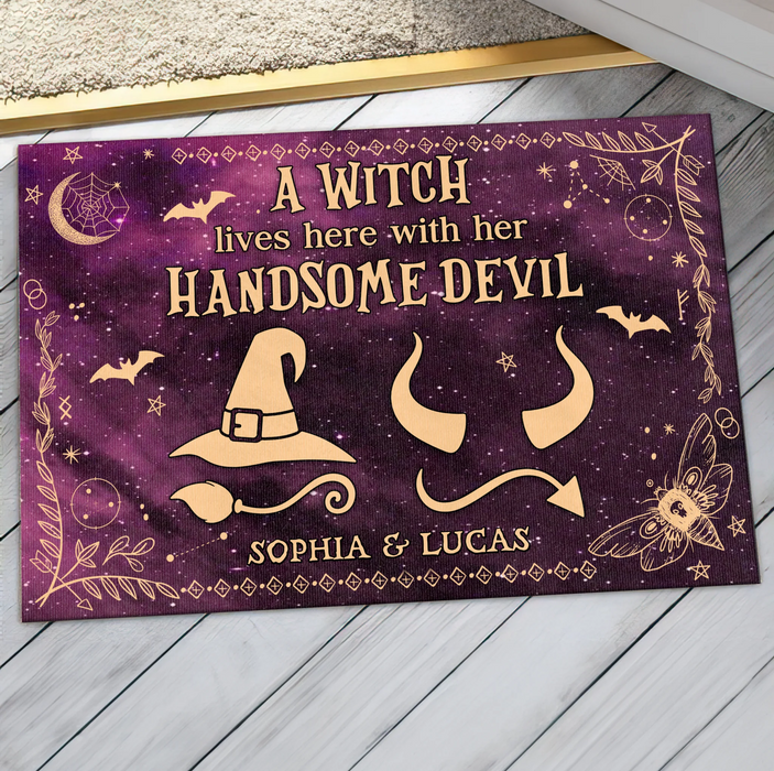 Personalized Witch & Devil Doormat - Gift Idea For Couple - A Witch Lives Here With Her Handsome Devil