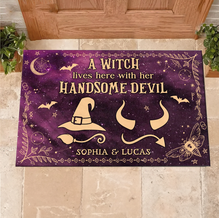 Personalized Witch & Devil Doormat - Gift Idea For Couple - A Witch Lives Here With Her Handsome Devil