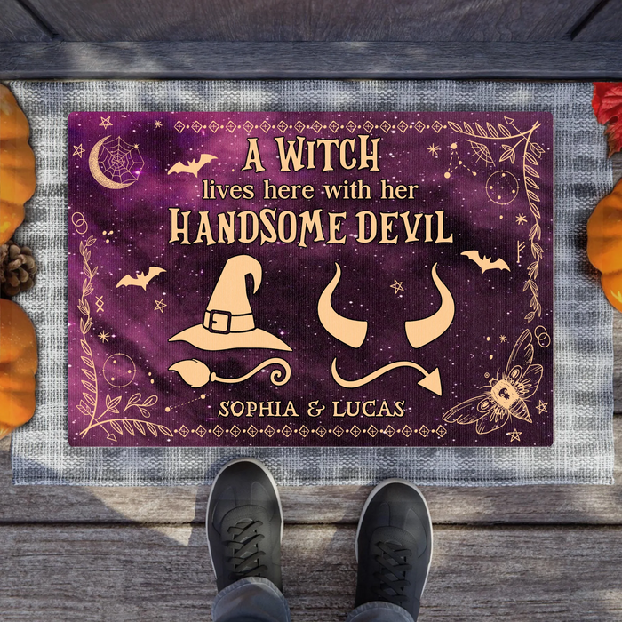Personalized Witch & Devil Doormat - Gift Idea For Couple - A Witch Lives Here With Her Handsome Devil