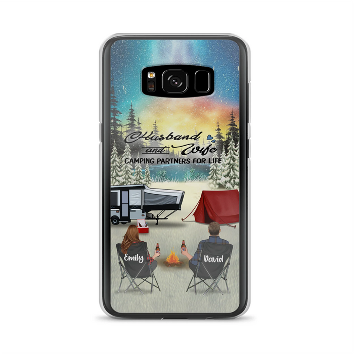 Custom Personalized Camping Xmas Phone Case - Christmas Gift For Camping Family/Couple/Single Parent/Solo - Upto 3 Kids and 4 Pets - Husband And Wife Camping Partners For Life - Case For iPhone And Samsung