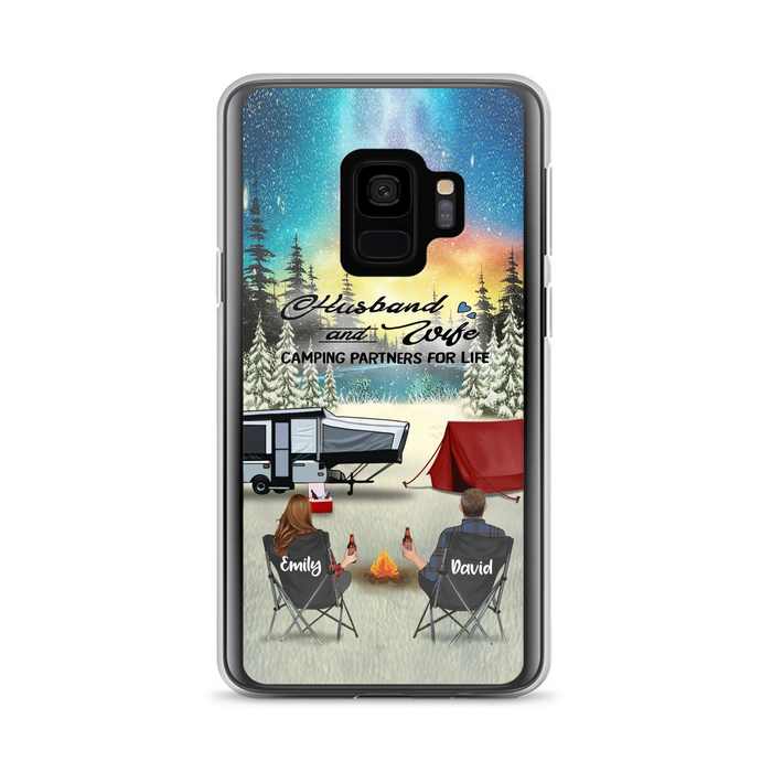 Custom Personalized Camping Xmas Phone Case - Christmas Gift For Camping Family/Couple/Single Parent/Solo - Upto 3 Kids and 4 Pets - Husband And Wife Camping Partners For Life - Case For iPhone And Samsung