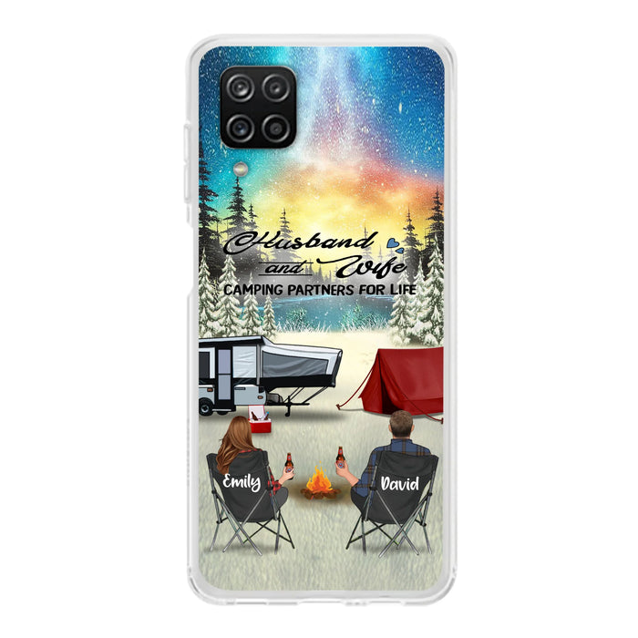 Custom Personalized Camping Xmas Phone Case - Christmas Gift For Camping Family/Couple/Single Parent/Solo - Upto 3 Kids and 4 Pets - Husband And Wife Camping Partners For Life - Case For iPhone And Samsung