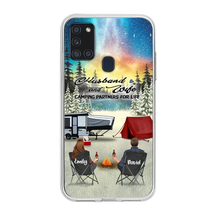 Custom Personalized Camping Xmas Phone Case - Christmas Gift For Camping Family/Couple/Single Parent/Solo - Upto 3 Kids and 4 Pets - Husband And Wife Camping Partners For Life - Case For iPhone And Samsung