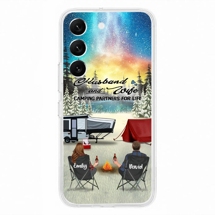 Custom Personalized Camping Xmas Phone Case - Christmas Gift For Camping Family/Couple/Single Parent/Solo - Upto 3 Kids and 4 Pets - Husband And Wife Camping Partners For Life - Case For iPhone And Samsung
