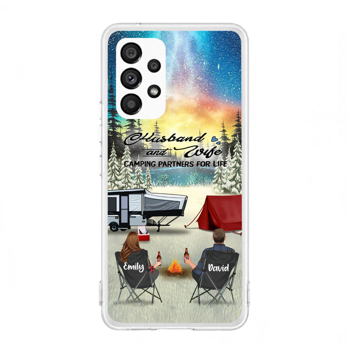 Custom Personalized Camping Xmas Phone Case - Christmas Gift For Camping Family/Couple/Single Parent/Solo - Upto 3 Kids and 4 Pets - Husband And Wife Camping Partners For Life - Case For iPhone And Samsung