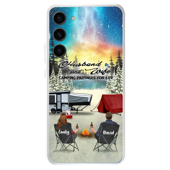 Custom Personalized Camping Xmas Phone Case - Christmas Gift For Camping Family/Couple/Single Parent/Solo - Upto 3 Kids and 4 Pets - Husband And Wife Camping Partners For Life - Case For iPhone And Samsung