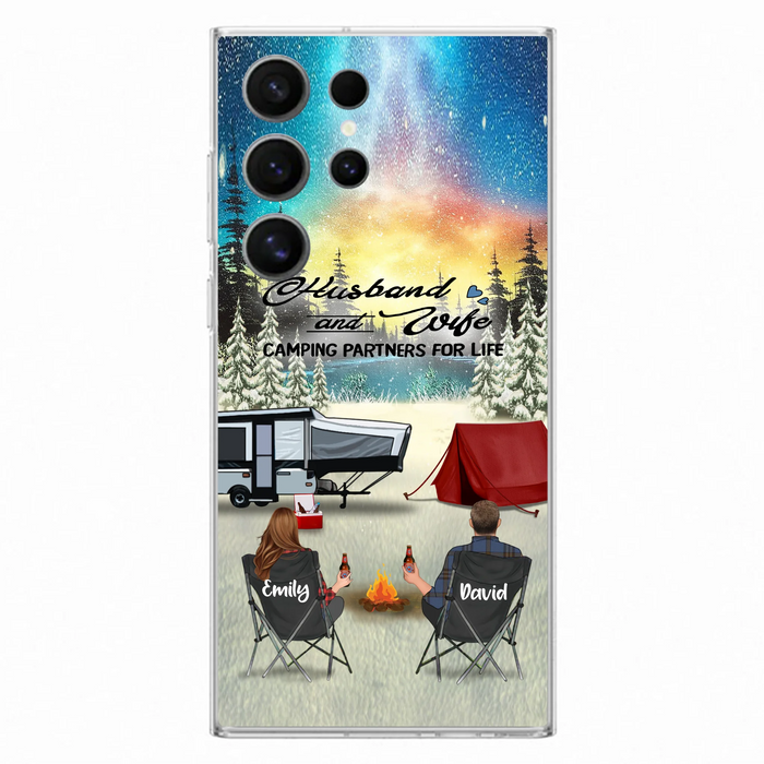 Custom Personalized Camping Xmas Phone Case - Christmas Gift For Camping Family/Couple/Single Parent/Solo - Upto 3 Kids and 4 Pets - Husband And Wife Camping Partners For Life - Case For iPhone And Samsung