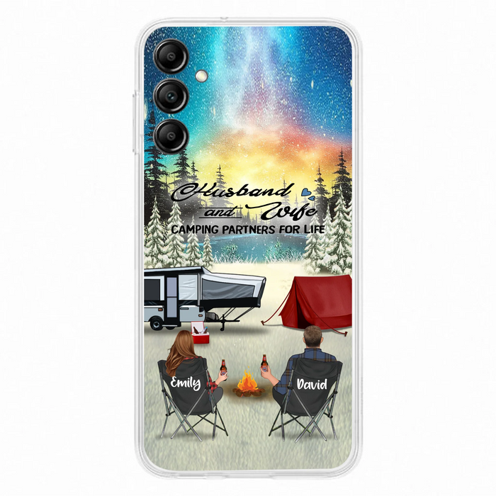 Custom Personalized Camping Xmas Phone Case - Christmas Gift For Camping Family/Couple/Single Parent/Solo - Upto 3 Kids and 4 Pets - Husband And Wife Camping Partners For Life - Case For iPhone And Samsung