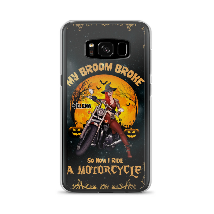 Custom Personalized Witch Phone Case - Upto 4 Dogs - Halloween Gifts For Friends/Dog Lovers  - My Broom Broke So Now I Ride A Motorcycle - Case For iPhone/Samsung