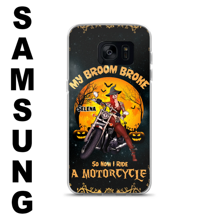 Custom Personalized Witch Phone Case - Upto 4 Dogs - Halloween Gifts For Friends/Dog Lovers  - My Broom Broke So Now I Ride A Motorcycle - Case For iPhone/Samsung