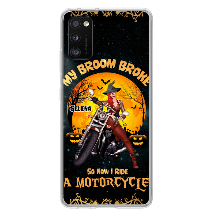 Custom Personalized Witch Phone Case - Upto 4 Dogs - Halloween Gifts For Friends/Dog Lovers  - My Broom Broke So Now I Ride A Motorcycle - Case For iPhone/Samsung