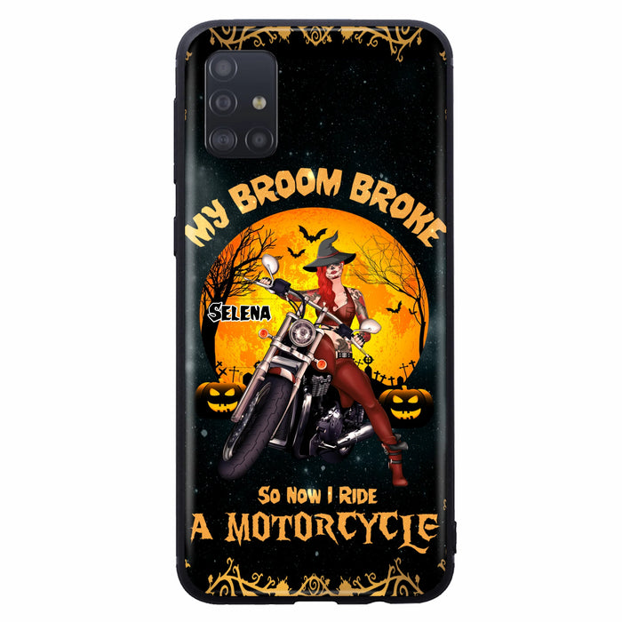 Custom Personalized Witch Phone Case - Upto 4 Dogs - Halloween Gifts For Friends/Dog Lovers  - My Broom Broke So Now I Ride A Motorcycle - Case For iPhone/Samsung