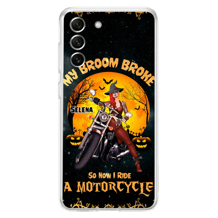 Custom Personalized Witch Phone Case - Upto 4 Dogs - Halloween Gifts For Friends/Dog Lovers  - My Broom Broke So Now I Ride A Motorcycle - Case For iPhone/Samsung