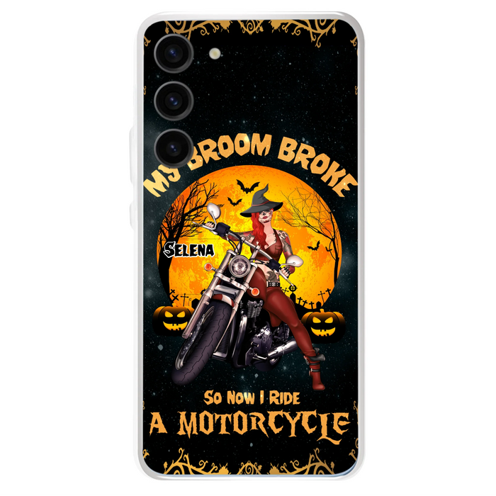 Custom Personalized Witch Phone Case - Upto 4 Dogs - Halloween Gifts For Friends/Dog Lovers  - My Broom Broke So Now I Ride A Motorcycle - Case For iPhone/Samsung