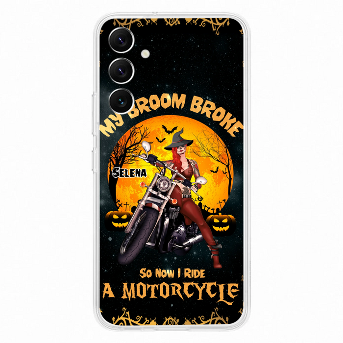 Custom Personalized Witch Phone Case - Upto 4 Dogs - Halloween Gifts For Friends/Dog Lovers  - My Broom Broke So Now I Ride A Motorcycle - Case For iPhone/Samsung