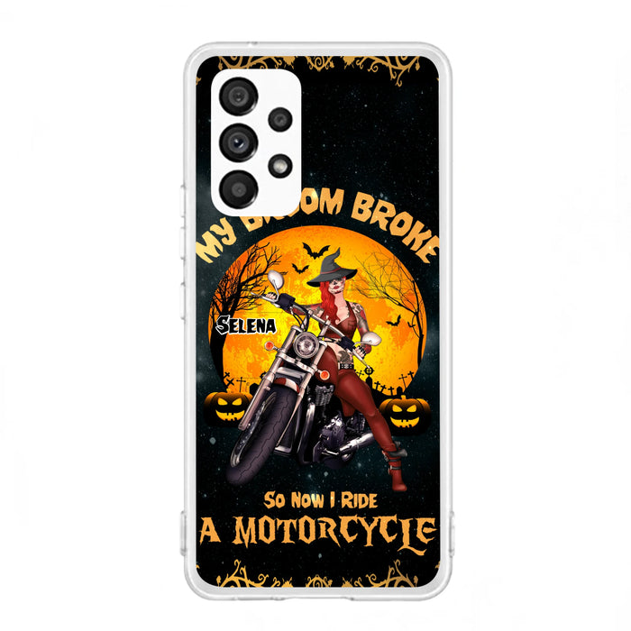 Custom Personalized Witch Phone Case - Upto 4 Dogs - Halloween Gifts For Friends/Dog Lovers  - My Broom Broke So Now I Ride A Motorcycle - Case For iPhone/Samsung