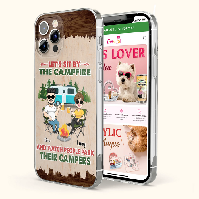 Custom Personalized Couple With Dogs Camping Phone Case - Couple With Up to 4 Dogs - Gift For Couple/ Camping/ Dog Lover - Let's Sit By The Campfire - Case For iPhone And Samsung