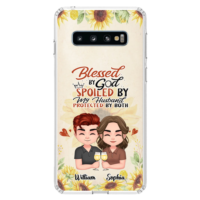 Custom Personalized Chibi Couple Phone Case - Gift Idea For Couple - Blessed By God, Spoiled By My Husband, Protected By Both - Case For iPhone & Samsung