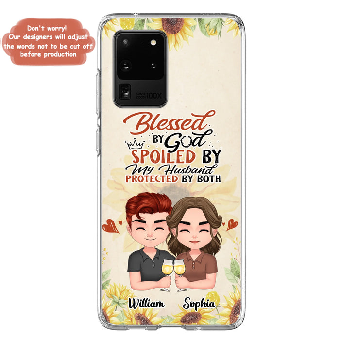 Custom Personalized Chibi Couple Phone Case - Gift Idea For Couple - Blessed By God, Spoiled By My Husband, Protected By Both - Case For iPhone & Samsung