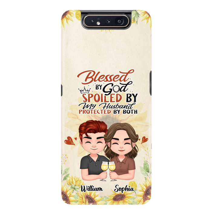Custom Personalized Chibi Couple Phone Case - Gift Idea For Couple - Blessed By God, Spoiled By My Husband, Protected By Both - Case For iPhone & Samsung