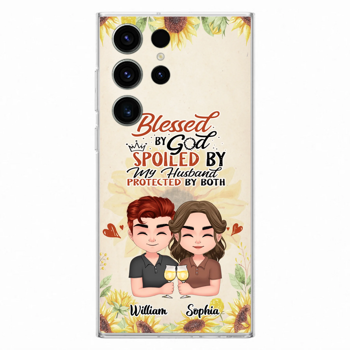Custom Personalized Chibi Couple Phone Case - Gift Idea For Couple - Blessed By God, Spoiled By My Husband, Protected By Both - Case For iPhone & Samsung