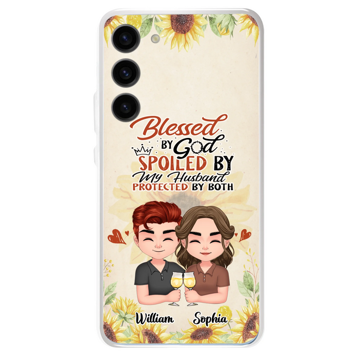 Custom Personalized Chibi Couple Phone Case - Gift Idea For Couple - Blessed By God, Spoiled By My Husband, Protected By Both - Case For iPhone & Samsung