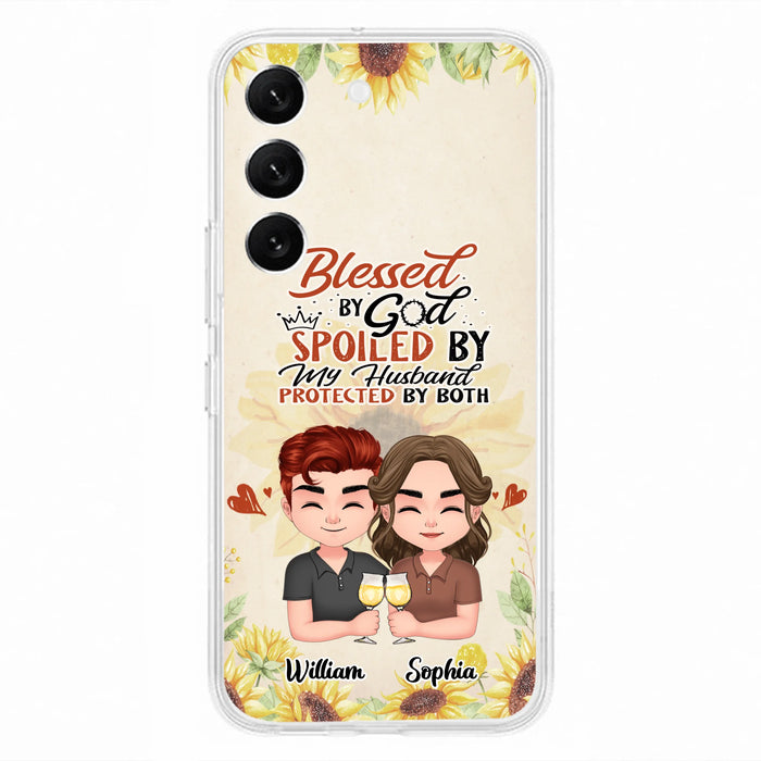 Custom Personalized Chibi Couple Phone Case - Gift Idea For Couple - Blessed By God, Spoiled By My Husband, Protected By Both - Case For iPhone & Samsung