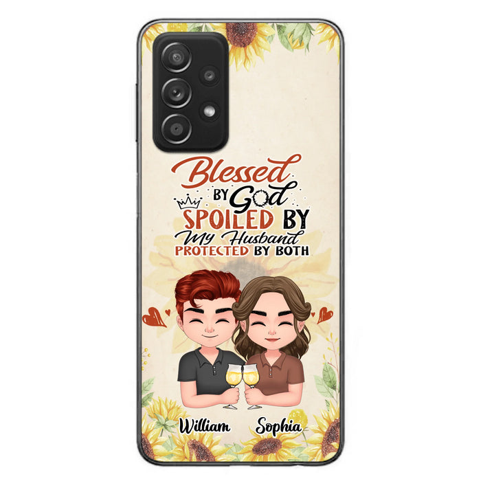 Custom Personalized Chibi Couple Phone Case - Gift Idea For Couple - Blessed By God, Spoiled By My Husband, Protected By Both - Case For iPhone & Samsung