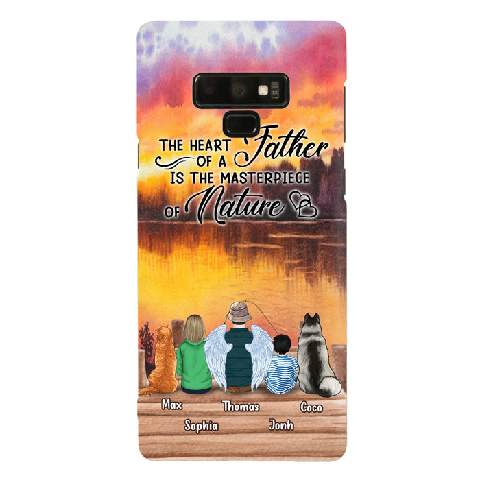 Custom Personalized Father Fishing Phone Case - Father With Up to 2 Kids And 2 Pets - Gift Idea For Father/ Fishing Lover - The Heart Of A Father Is The Masterpiece Of Nature - Case For iPhone And Samsung