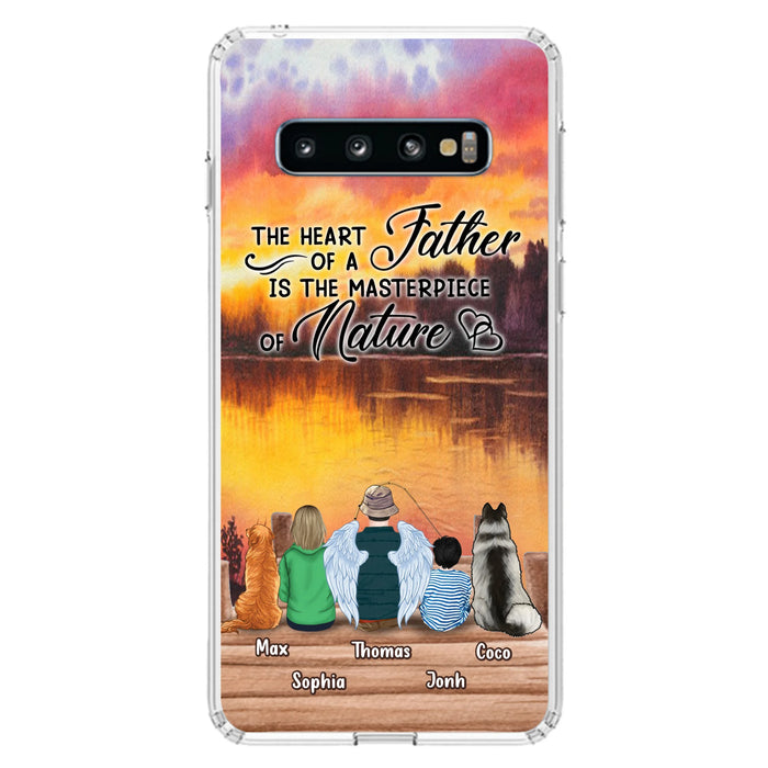 Custom Personalized Father Fishing Phone Case - Father With Up to 2 Kids And 2 Pets - Gift Idea For Father/ Fishing Lover - The Heart Of A Father Is The Masterpiece Of Nature - Case For iPhone And Samsung