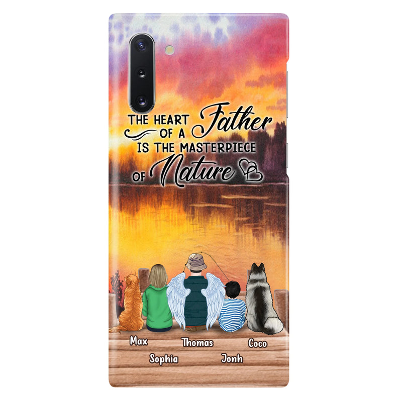 Custom Personalized Father Fishing Phone Case - Father With Up to 2 Kids And 2 Pets - Gift Idea For Father/ Fishing Lover - The Heart Of A Father Is The Masterpiece Of Nature - Case For iPhone And Samsung